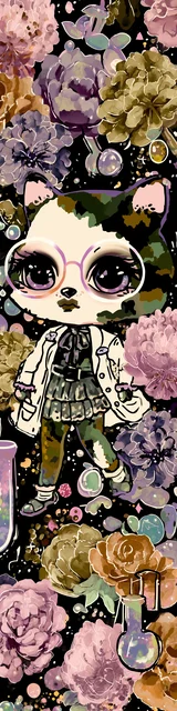 Free kawaii cats bookmark featuring a scientist cat with glasses and floral details